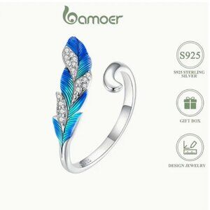 925 Sterling Silver Zirconia Diamond Feather Cuff Ring Blue Enamel Adjustable